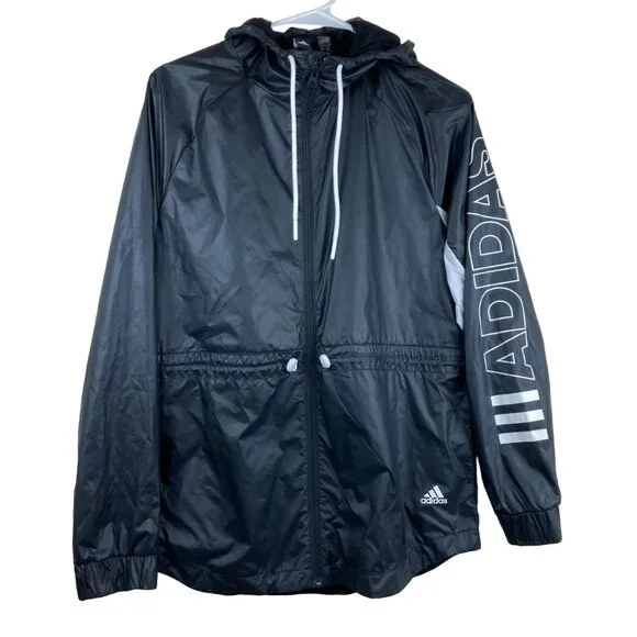 Adidas Women Sz S Black Wind Breaker Zip Up Hooded Jacket Cinched Waist - Picture 2 of 11
